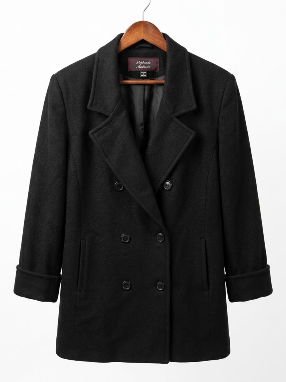 Stephanie Mathews 100% Wool Pea Coat Jacket 16 Black Double Breasted Plus